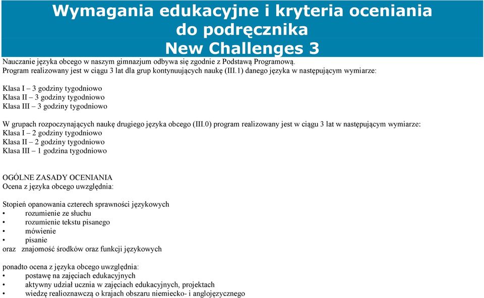 1) danego języka w następującym wymiarze: Klasa I 3 godziny tygodniowo Klasa II 3 godziny tygodniowo Klasa III 3 godziny tygodniowo W grupach rozpoczynających naukę drugiego języka obcego (III.