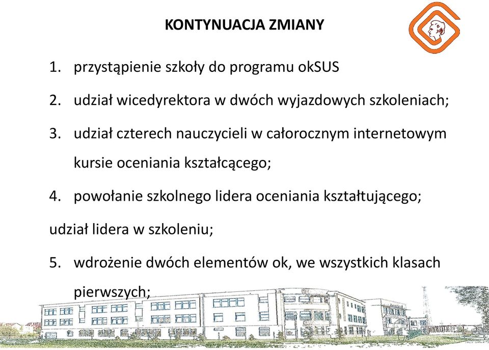 udział czterech nauczycieli w całorocznym internetowym kursie oceniania kształcącego; 4.