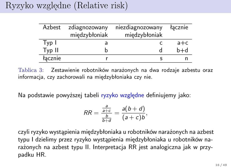 Na podstawie powy»szej tabeli ryzyko wzgl dne deniujemy jako: RR = a a+c b b+d = a(b + d) (a + c)b, czyli ryzyko wyst pienia mi dzybªoniaka u robotników