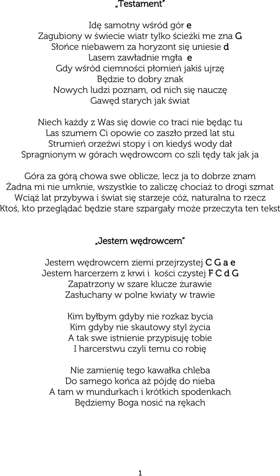 kiedyś wody dał Spragnionym w górach wędrowcom co szli tędy tak jak ja Góra za górą chowa swe oblicze, lecz ja to dobrze znam Żadna mi nie umknie, wszystkie to zaliczę chociaż to drogi szmat Wciąż