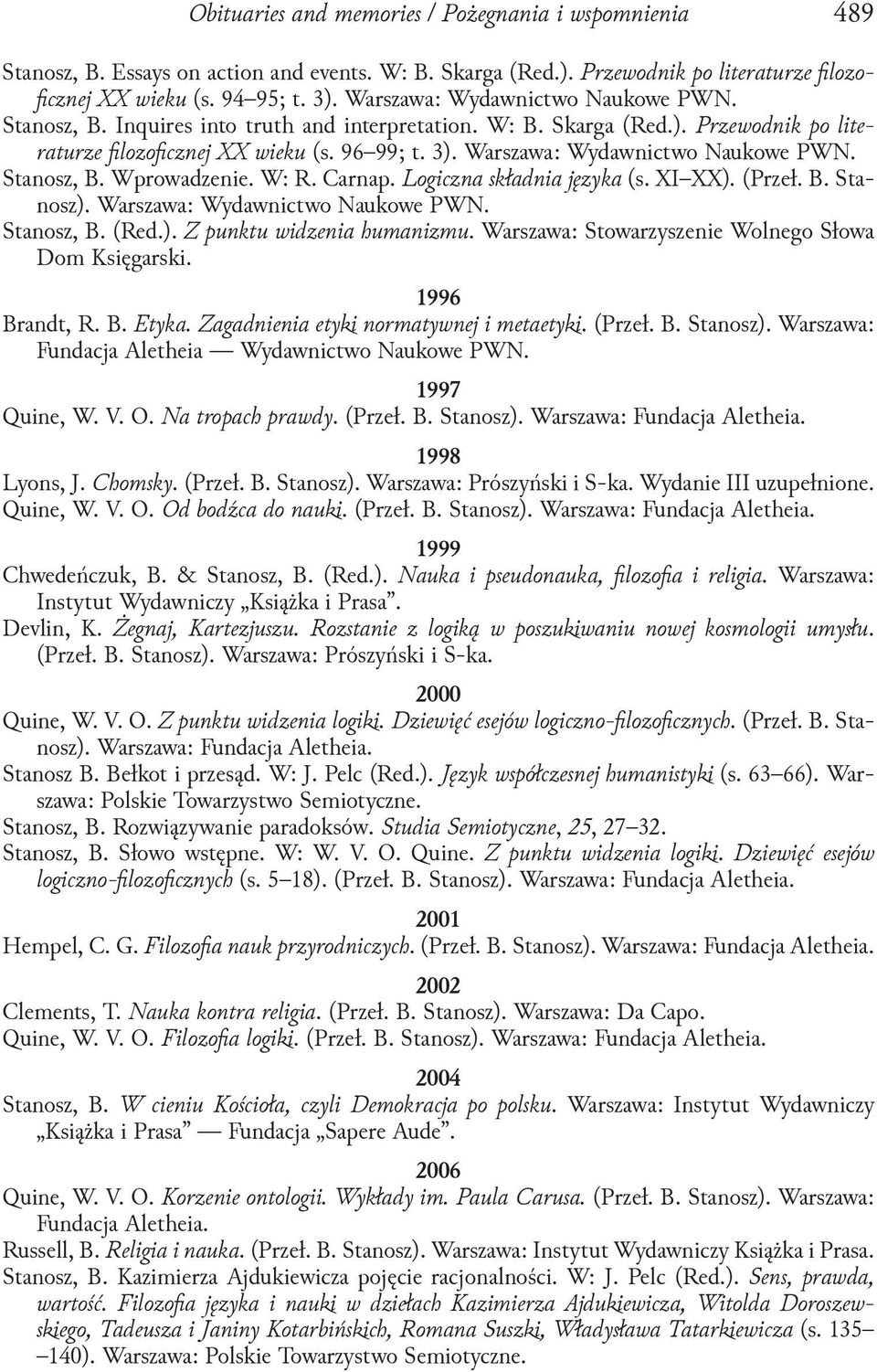 Warszawa: Wydawnictwo Naukowe PWN. Stanosz, B. Wprowadzenie. W: R. Carnap. Logiczna składnia języka (s. XI XX). (Przeł. B. Stanosz). Warszawa: Wydawnictwo Naukowe PWN. Stanosz, B. (Red.). Z punktu widzenia humanizmu.