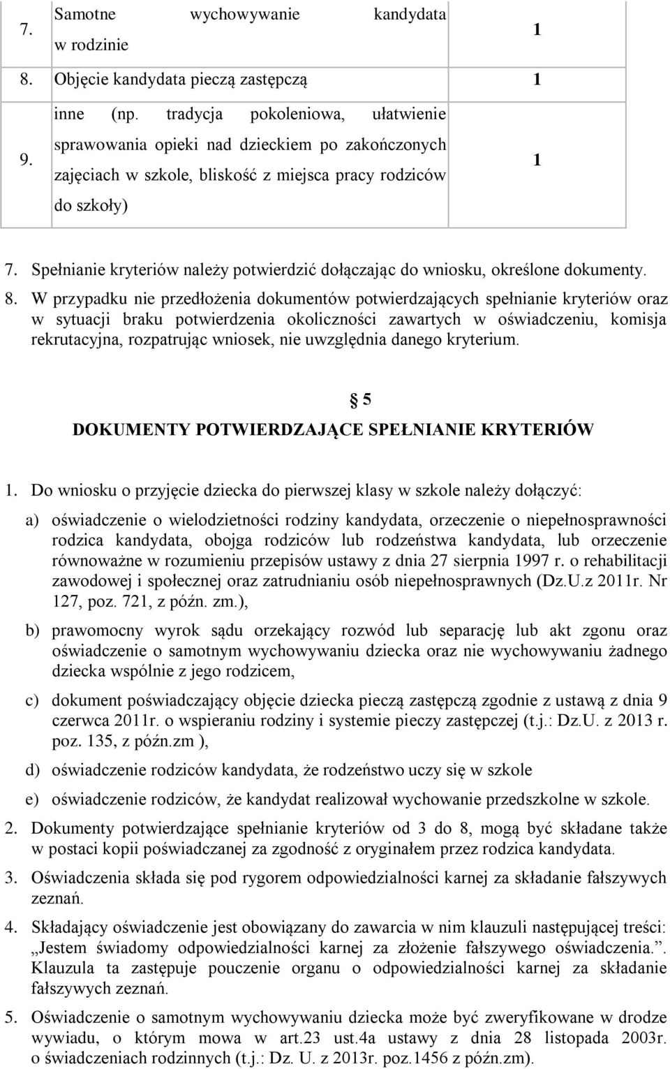 Spełnianie kryteriów należy potwierdzić dołączając do wniosku, określone dokumenty. 8.