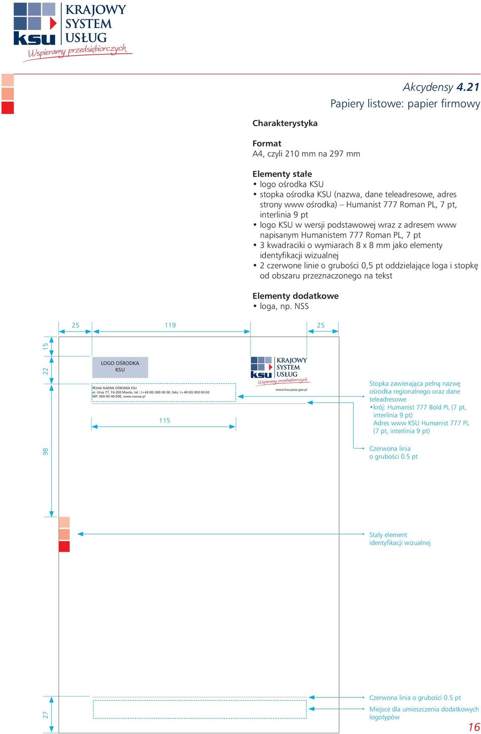 PL, 7 pt, interlinia 9 pt logo w wersji podstawowej wraz z adresem www napisanym Humanistem 777 Roman PL, 7 pt 3 kwadraciki o wymiarach 8 x 8 mm jako elementy identyfikacji wizualnej 2 czerwone linie