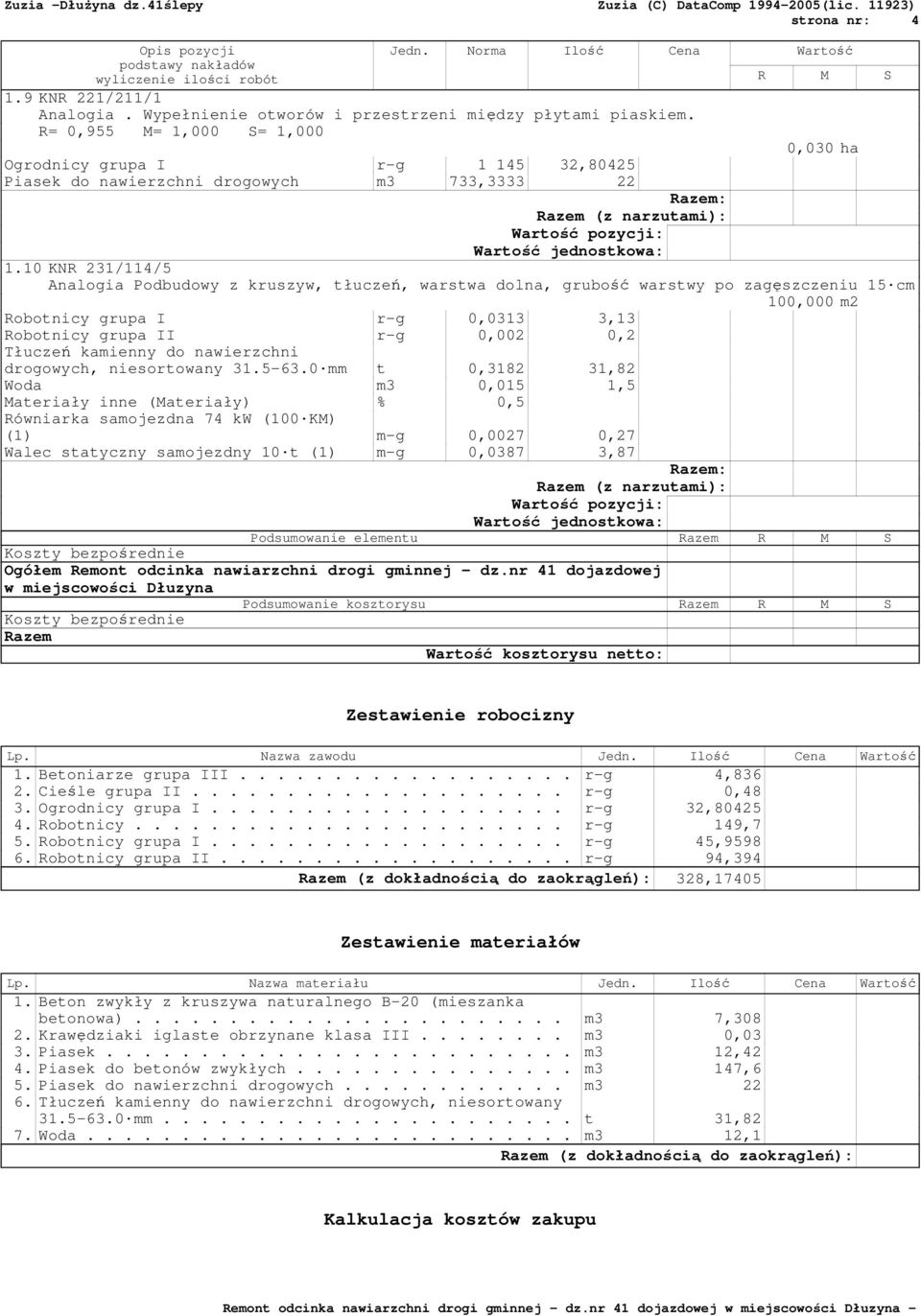 10 KNR 231/114/5 Analogia Podbudowy z kruszyw, tłuczeń, warstwa dolna, grubość warstwy po zagęszczeniu 15 cm 100,000 m2 Robotnicy grupa I r-g 0,0313 3,13 Robotnicy grupa II r-g 0,002 0,2 Tłuczeń