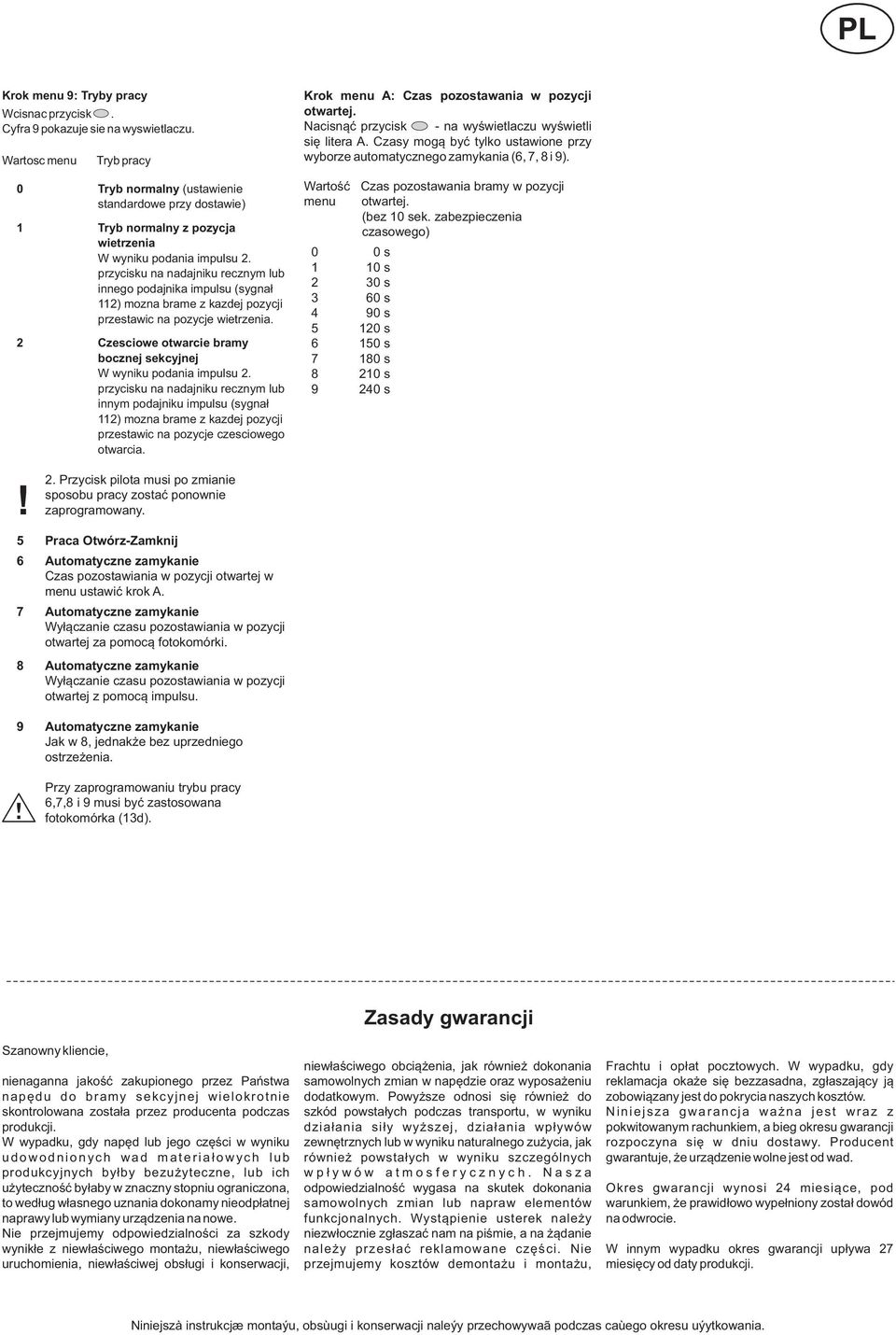 przycisku na nadajniku recznym lub innego podajnika impulsu (sygnał 112) mozna brame z kazdej pozycji przestawic na pozycje wietrzenia.