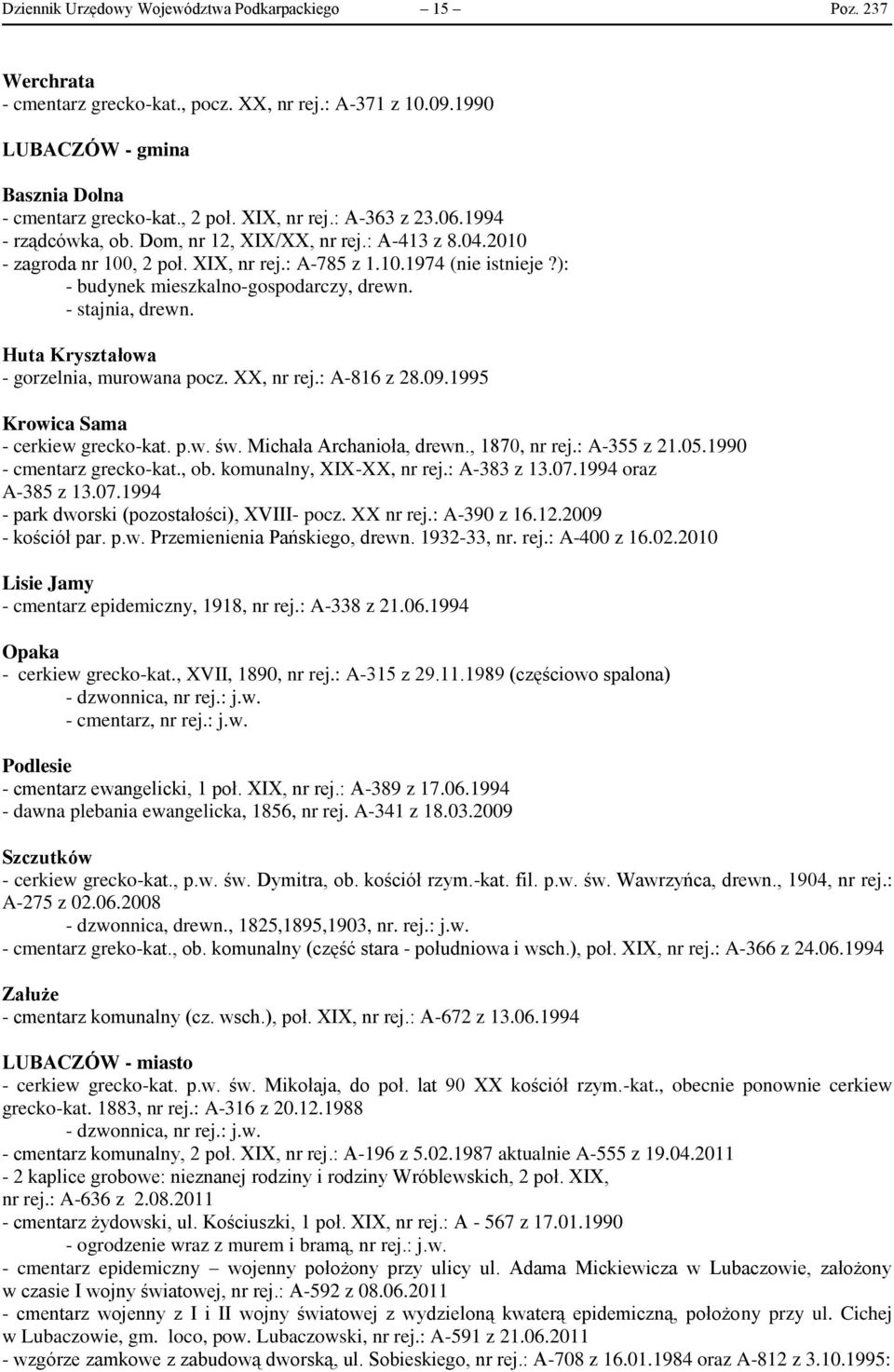 ): - budynek mieszkalno-gospodarczy, drewn. - stajnia, drewn. Huta Kryształowa - gorzelnia, murowana pocz. XX, nr rej.: A-816 z 28.09.1995 Krowica Sama - cerkiew grecko-kat. p.w. św.