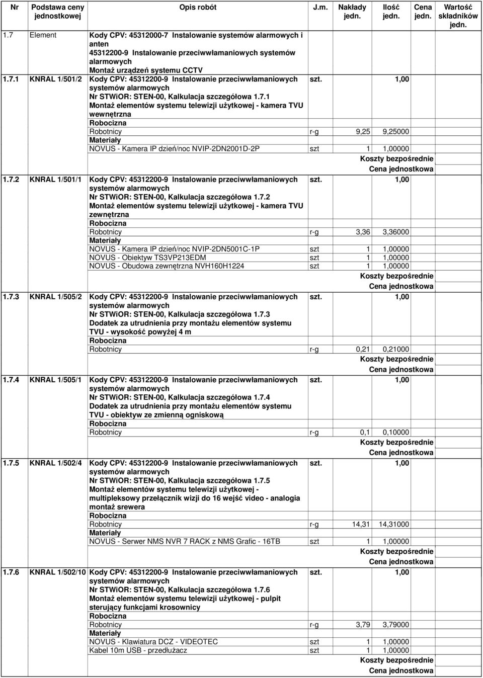 1 Montaż elementów systemu telewizji użytkowej - kamera TVU wewnętrzna Robotnicy r-g 9,25 9,25000 NOVUS - Kamera IP dzień/noc NVIP-2DN2001D-2P szt 1 1,00000 1.7.