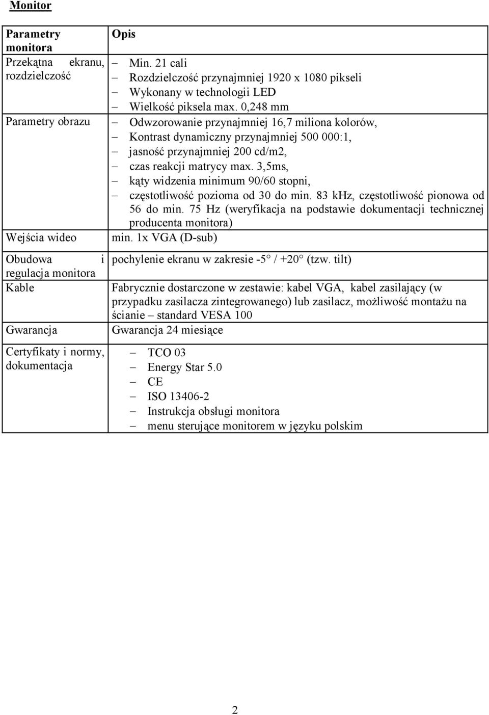 3,5ms, kąty widzenia minimum 90/60 stopni, częstotliwość pozioma od 30 do min. 83 khz, częstotliwość pionowa od 56 do min.