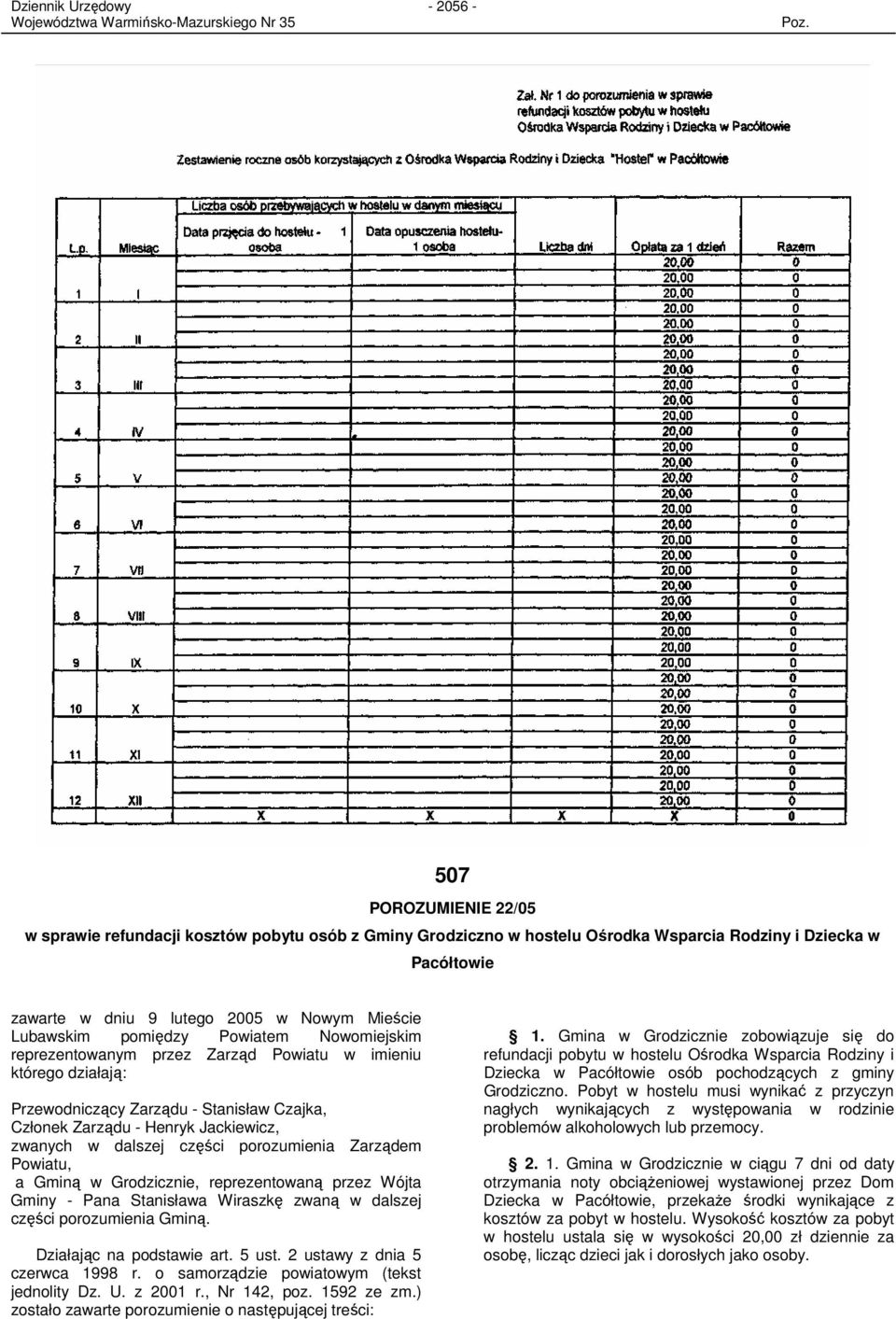 dalszej części porozumienia Zarządem Powiatu, a Gminą w Grodzicznie, reprezentowaną przez Wójta Gminy - Pana Stanisława Wiraszkę zwaną w dalszej części porozumienia Gminą. Działając na podstawie art.