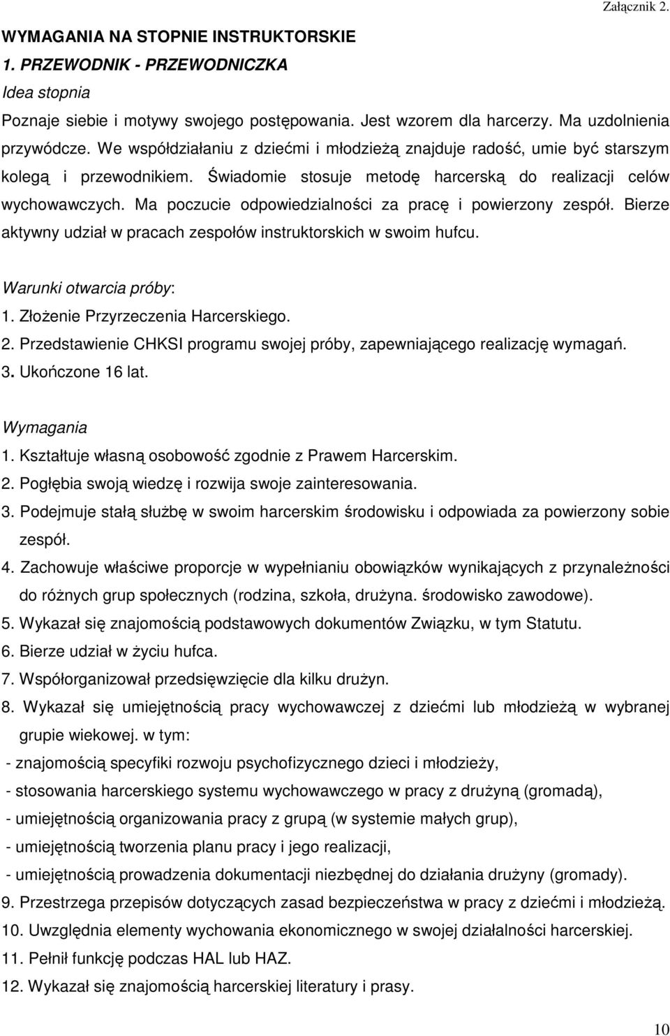 Ma poczucie odpowiedzialności za pracę i powierzony zespół. Bierze aktywny udział w pracach zespołów instruktorskich w swoim hufcu. Warunki otwarcia próby: 1. Złożenie Przyrzeczenia Harcerskiego. 2.