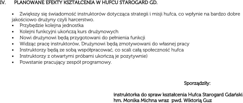 Przybędzie kolejna jednostka Kolejni funkcyjni ukończą kurs drużynowych Nowi drużynowi będą przygotowani do pełnienia funkcji Widząc pracę instruktorów, Drużynowi