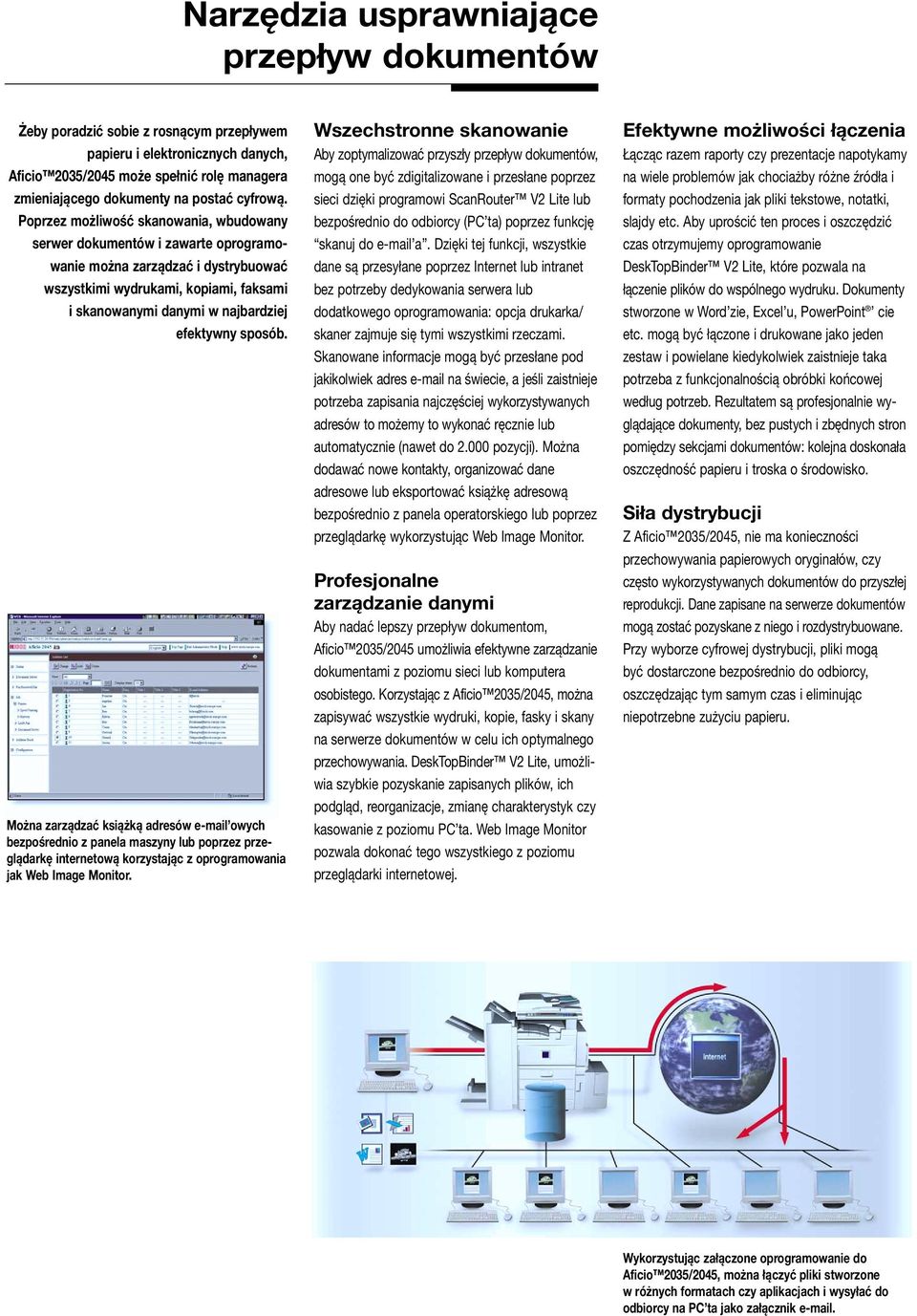 Poprzez możliwość skanowania, wbudowany serwer dokumentów i zawarte oprogramowanie można zarządzać i dystrybuować wszystkimi wydrukami, kopiami, faksami i skanowanymi danymi w najbardziej efektywny