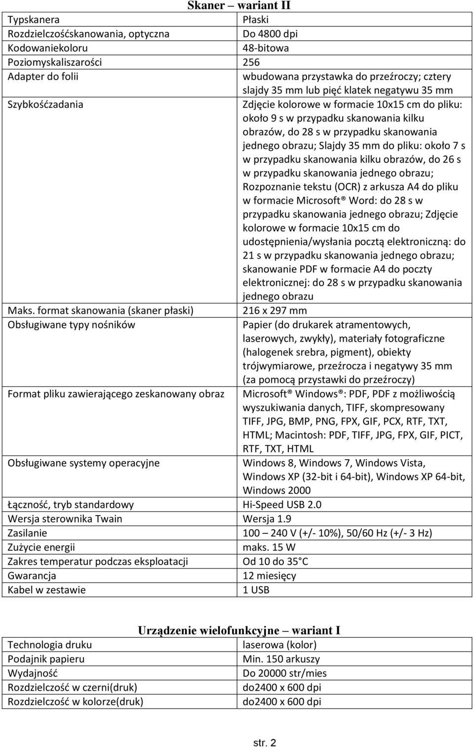 Slajdy 35 mm do pliku: około 7 s w przypadku skanowania kilku obrazów, do 26 s w przypadku skanowania jednego obrazu; Rozpoznanie tekstu (OCR) z arkusza A4 do pliku w formacie Microsoft Word: do 28 s