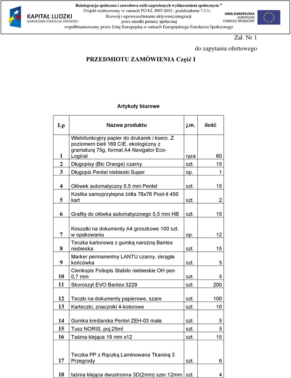 1.: Rozwój i upowszechnianie aktywnej integracji przez ośrodki pomocy społecznej współfinansowany przez Unię Europejską w ramach Europejskiego Funduszu Społecznego PRZEDMIOTU ZAMÓWIENIA Część I Zał.