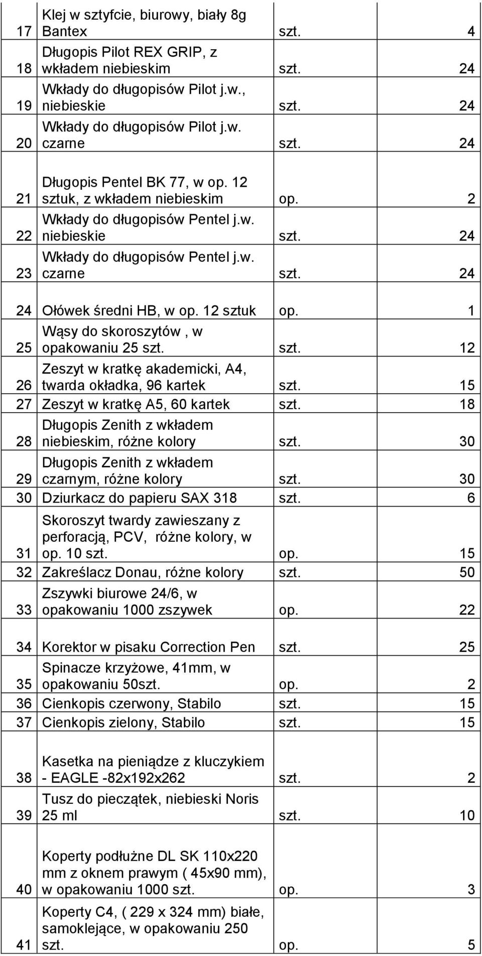 24 24 Ołówek średni HB, w op. 12 sztuk op. 1 25 Wąsy do skoroszytów, w opakowaniu 25 szt. szt. 12 Zeszyt w kratkę akademicki, A4, 26 twarda okładka, 96 kartek szt.