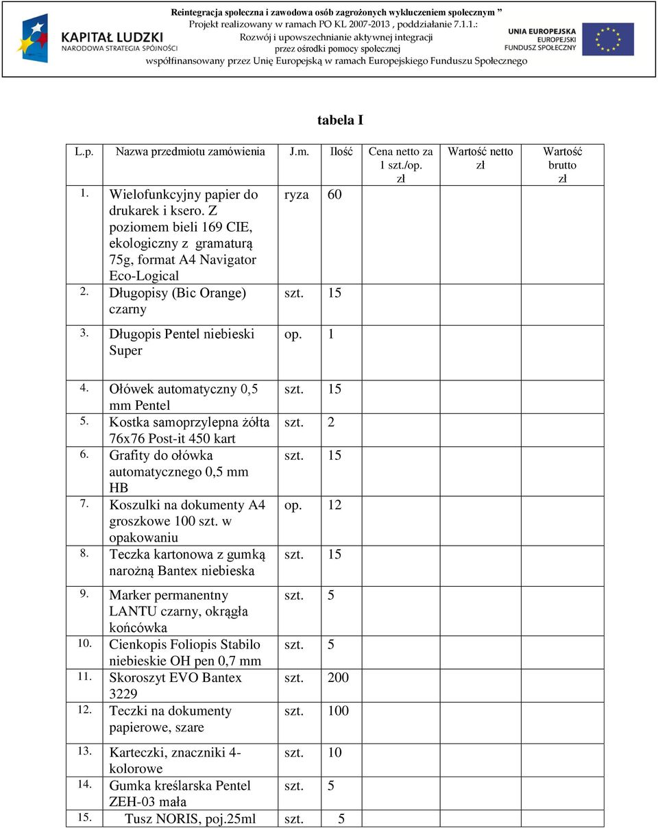 m. Ilość Cena netto za 1 szt./op. zł 1. Wielofunkcyjny papier do drukarek i ksero. Z poziomem bieli 169 CIE, ekologiczny z gramaturą 75g, format A4 Navigator Eco-Logical 2.