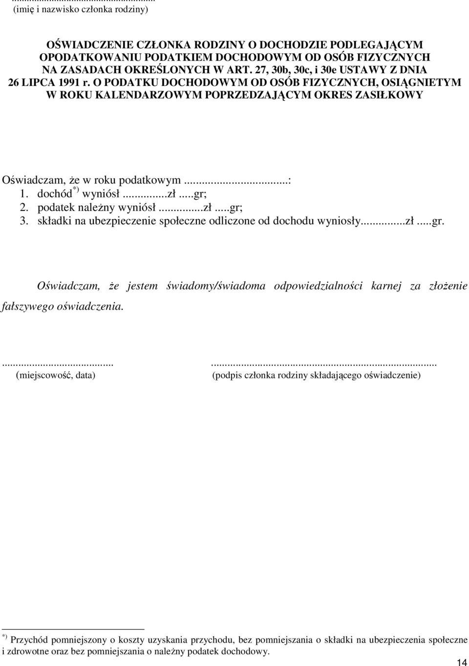 dochód *) wyniósł...zł...gr; 2. podatek naleŝny wyniósł...zł...gr; 3. składki na ubezpieczenie społeczne odliczone od dochodu wyniosły...zł...gr. Oświadczam, Ŝe jestem świadomy/świadoma odpowiedzialności karnej za złoŝenie fałszywego oświadczenia.