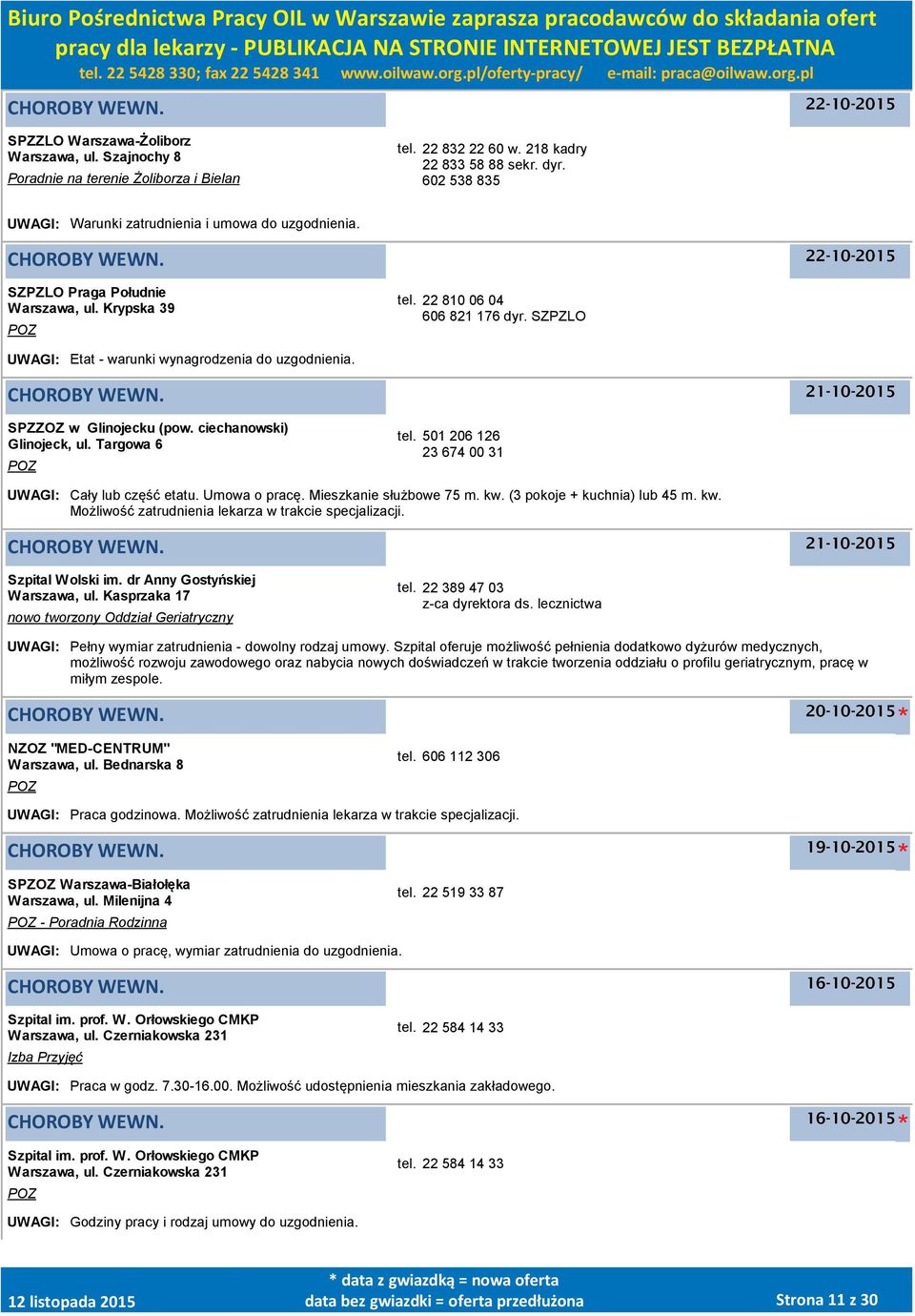 SZPZLO UWAGI: Etat - warunki wynagrodzenia do uzgodnienia. 21-10-2015 SPZZOZ w Glinojecku (pow. ciechanowski) Glinojeck, ul. Targowa 6 tel. 501 206 126 23 674 00 31 UWAGI: Cały lub część etatu.