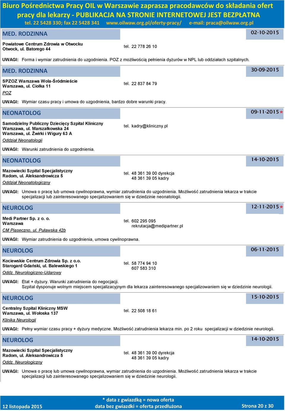 22 837 84 79 UWAGI: Wymiar czasu pracy i umowa do uzgodnienia, bardzo dobre warunki pracy. NEONATOLOG 09-11-2015 Samodzielny Publiczny Dziecięcy Szpital Kliniczny Warszawa, ul.