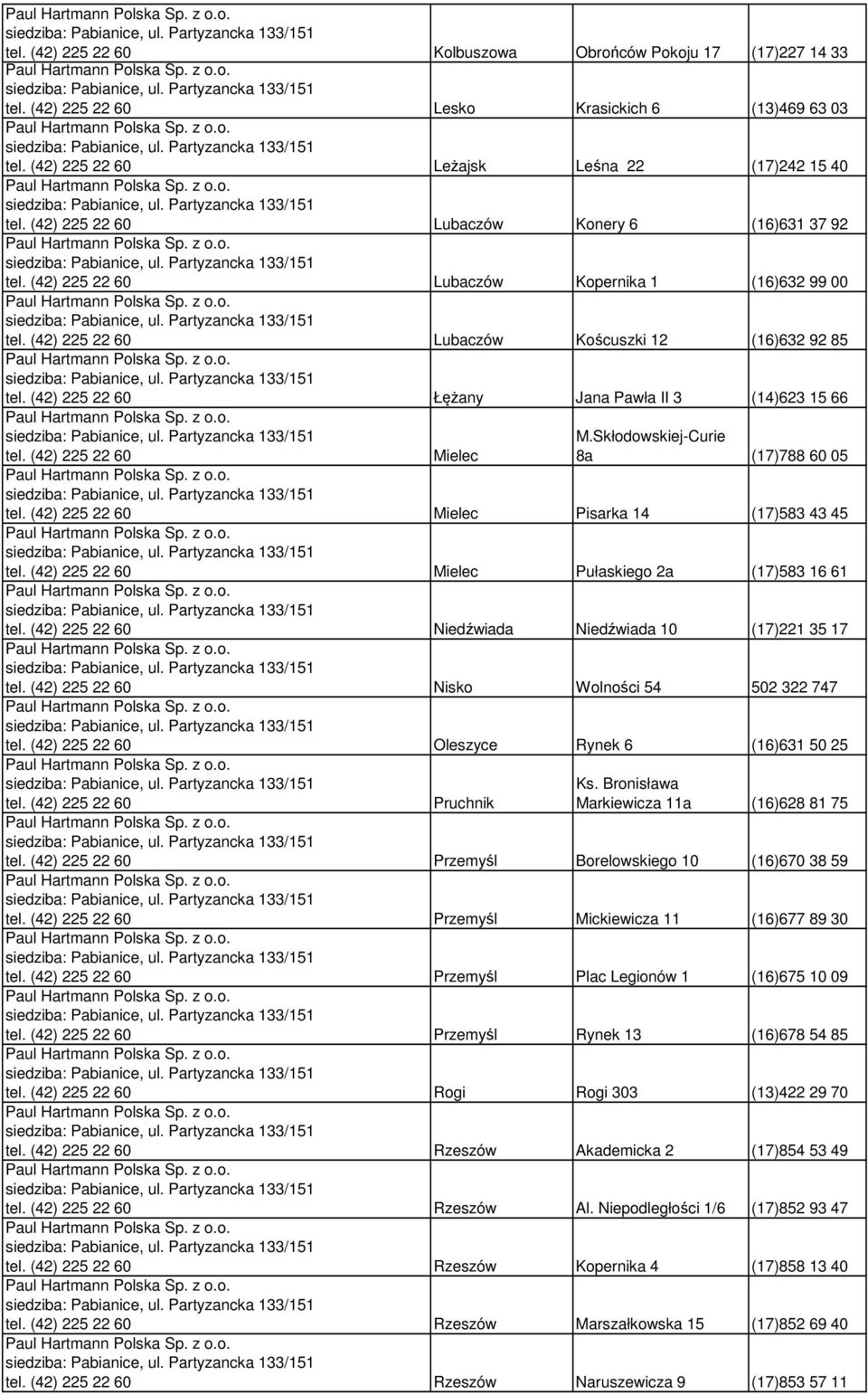 (42) 225 22 60 Łężany Jana Pawła II 3 (14)623 15 66 tel. (42) 225 22 60 M.Skłodowskiej-Curie 8a (17)788 60 05 Mielec tel. (42) 225 22 60 Mielec Pisarka 14 (17)583 43 45 tel.