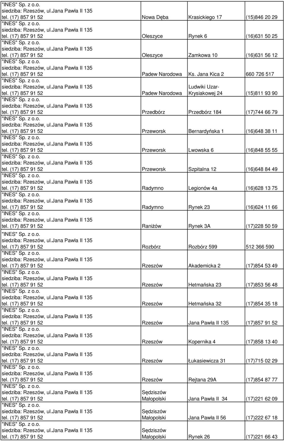 (17) 857 91 52 Przeworsk Bernardyńska 1 (16)648 38 11 tel. (17) 857 91 52 Przeworsk Lwowska 6 (16)848 55 55 tel. (17) 857 91 52 Przeworsk Szpitalna 12 (16)648 84 49 tel.