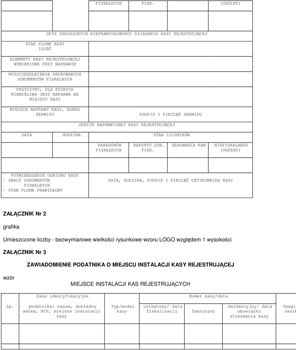 OPIS ZGŁOSZONYCH NIEPRAWIDŁOWOŚCI DZIAŁANIA KASY REJESTRUJĄCEJ MIEJSCE NAPRAWY KASY, ADRES SERWISU PODPIS I PIECZĘĆ SERWISU ODBIÓR NAPRAWIONEJ KASY REJESTRUJĄCEJ DATA GODZINA STAN LICZNIKÓW PARAGONÓW