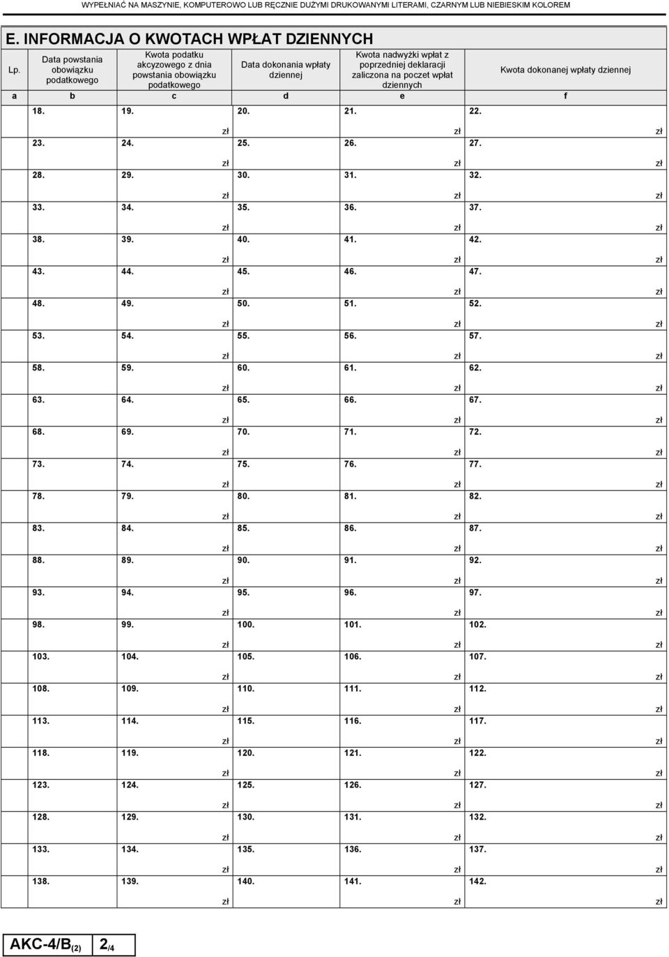 wpłat dziennych Kwota dokonanej wpłaty dziennej a b c d e f 18. 19. 20. 21. 22. 23. 24. 25. 26. 27. 28. 29. 30. 31. 32. 33. 34. 35. 36. 37. 38. 39. 40. 41. 42. 43. 44. 45. 46. 47. 48. 49. 50. 51. 52.