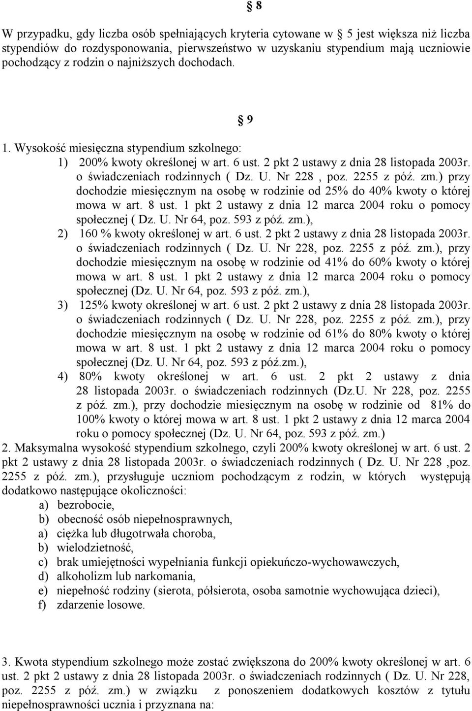 2255 z póź. zm.) przy dochodzie miesięcznym na osobę w rodzinie od 25% do 40% kwoty o której mowa w art. 8 ust. 1 pkt 2 ustawy z dnia 12 marca 2004 roku o pomocy społecznej ( Dz. U. Nr 64, poz.