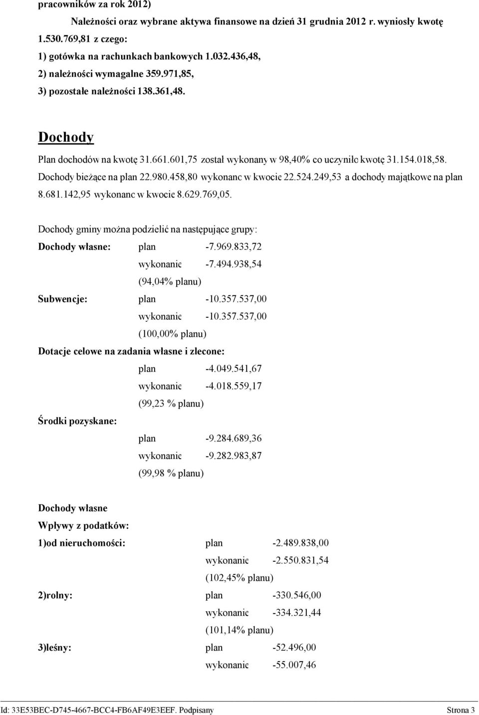 Dochody bieżące na plan 22.980.458,80 wykonano w kwocie 22.524.249,53 a dochody majątkowe na plan 8.681.142,95 wykonano w kwocie 8.629.769,05.