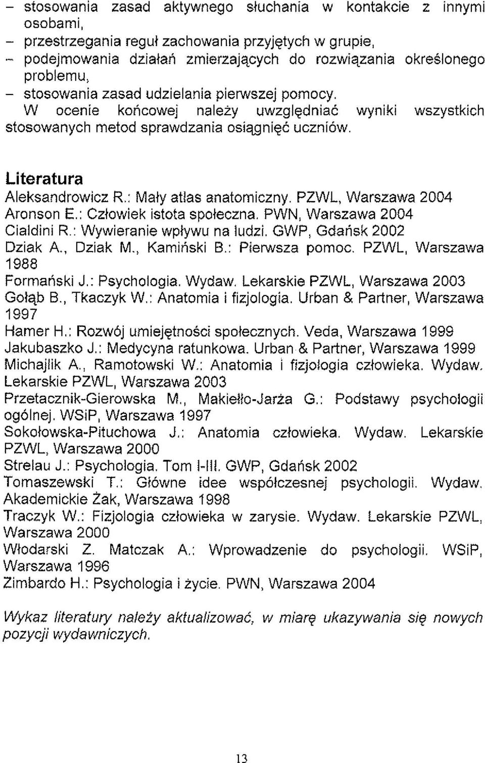 : Maiy atlas anatomiczny. PZWL, Warszawa 2004 Aronson E.: Cztowiek istota spoteczna. PWN, Warszawa 2004 Cialdini R.: Wywieranie wplywu na ludzi. GWP, Gdarisk 2002 Dziak A,, Dziak M., Kamiriski B.