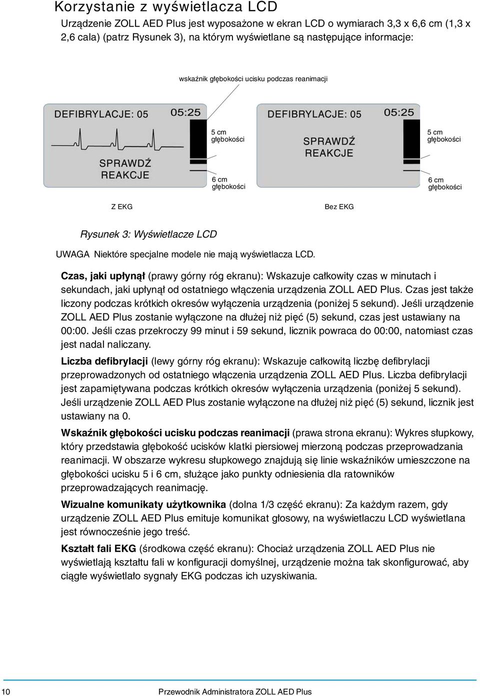 wyświetlacza LCD. Czas, jaki upłynął (prawy górny róg ekranu): Wskazuje całkowity czas w minutach i sekundach, jaki upłynął od ostatniego włączenia urządzenia ZOLL AED Plus.