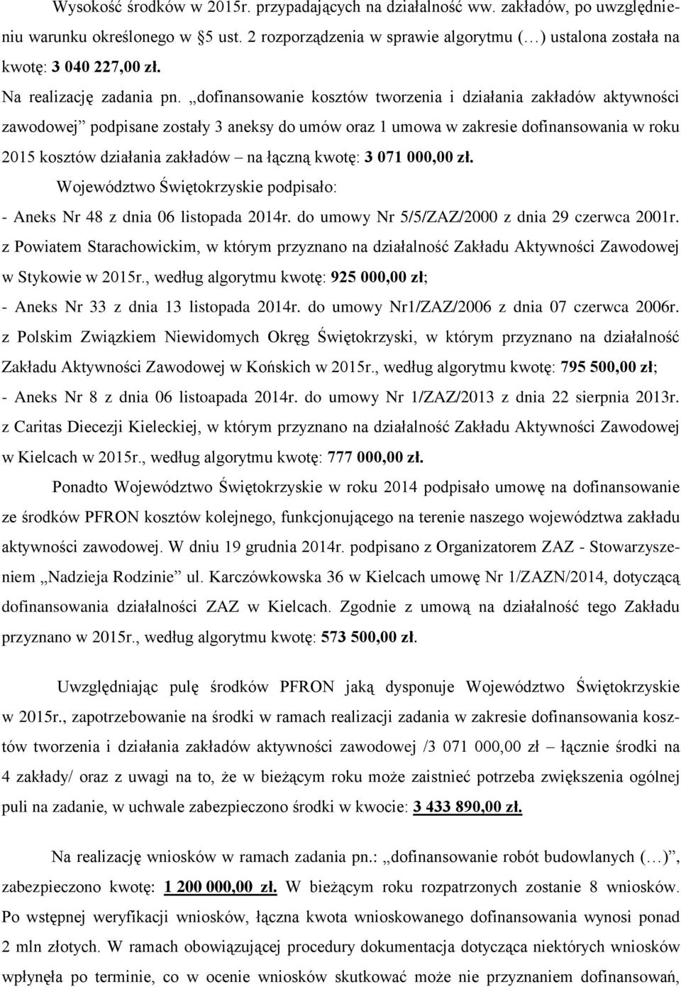 dofinansowanie kosztów tworzenia i działania zakładów aktywności zawodowej podpisane zostały 3 aneksy do umów oraz 1 umowa w zakresie dofinansowania w roku 2015 kosztów działania zakładów na łączną