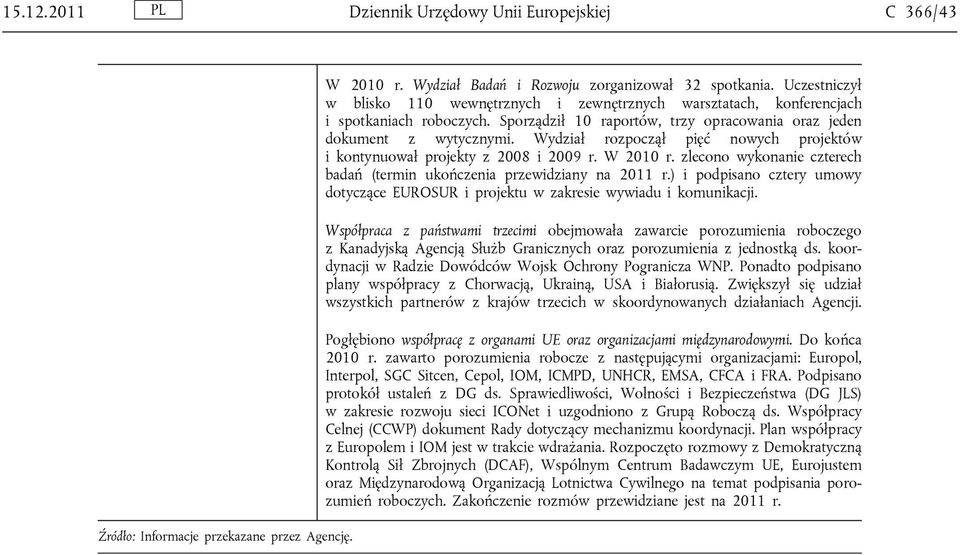 Wydział rozpoczął pięć nowych projektów i kontynuował projekty z 2008 i 2009 r. W 2010 r. zlecono wykonanie czterech badań (termin ukończenia przewidziany na 2011 r.