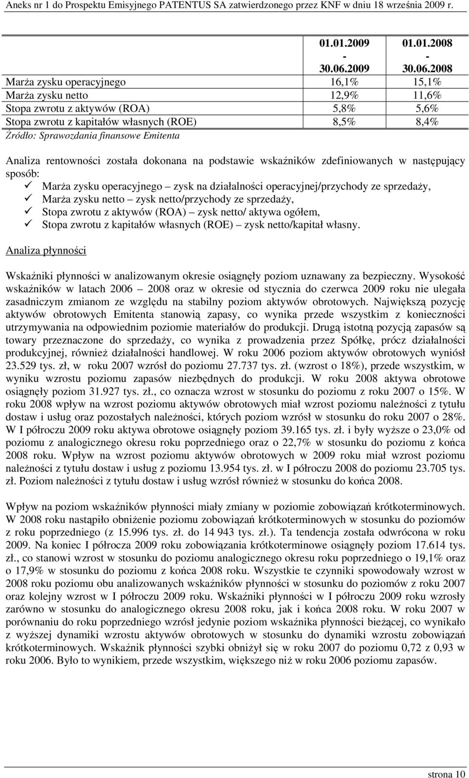 2008 MarŜa zysku operacyjnego 16,1% 15,1% MarŜa zysku netto 12,9% 11,6% Stopa zwrotu z aktywów (ROA) 5,8% 5,6% Stopa zwrotu z kapitałów własnych (ROE) 8,5% 8,4% Źródło: Sprawozdania finansowe