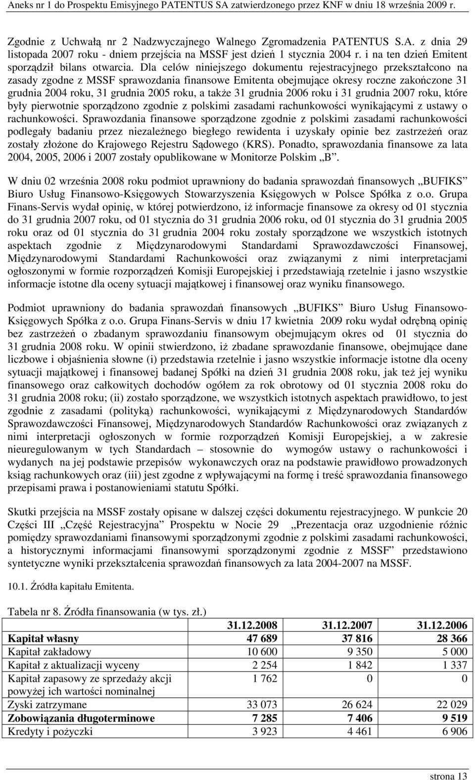 Dla celów niniejszego dokumentu rejestracyjnego przekształcono na zasady zgodne z MSSF sprawozdania finansowe Emitenta obejmujące okresy roczne zakończone 31 grudnia 2004 roku, 31 grudnia 2005 roku,