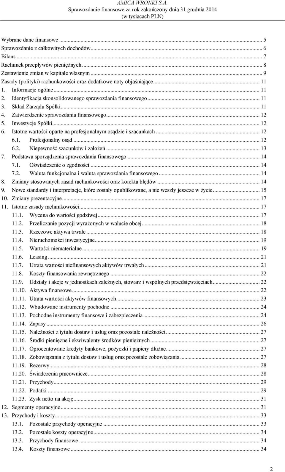 Zatwierdzenie sprawozdania finansowego... 12 5. Inwestycje Spółki... 12 6. Istotne wartości oparte na profesjonalnym osądzie i szacunkach... 12 6.1. Profesjonalny osąd... 12 6.2. Niepewność szacunków i założeń.