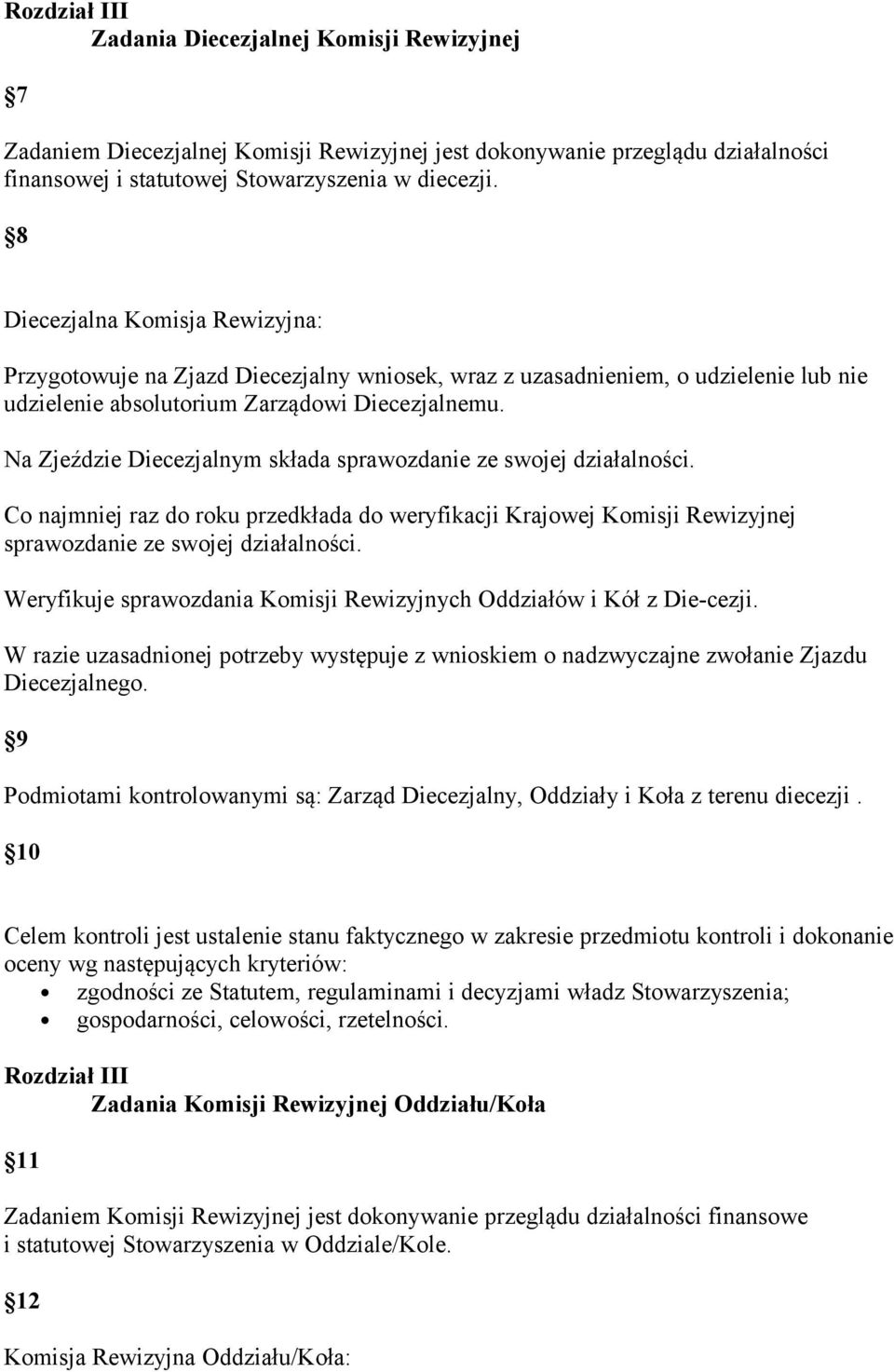 Na Zjeździe Diecezjalnym składa sprawozdanie ze swojej działalności. Co najmniej raz do roku przedkłada do weryfikacji Krajowej Komisji Rewizyjnej sprawozdanie ze swojej działalności.