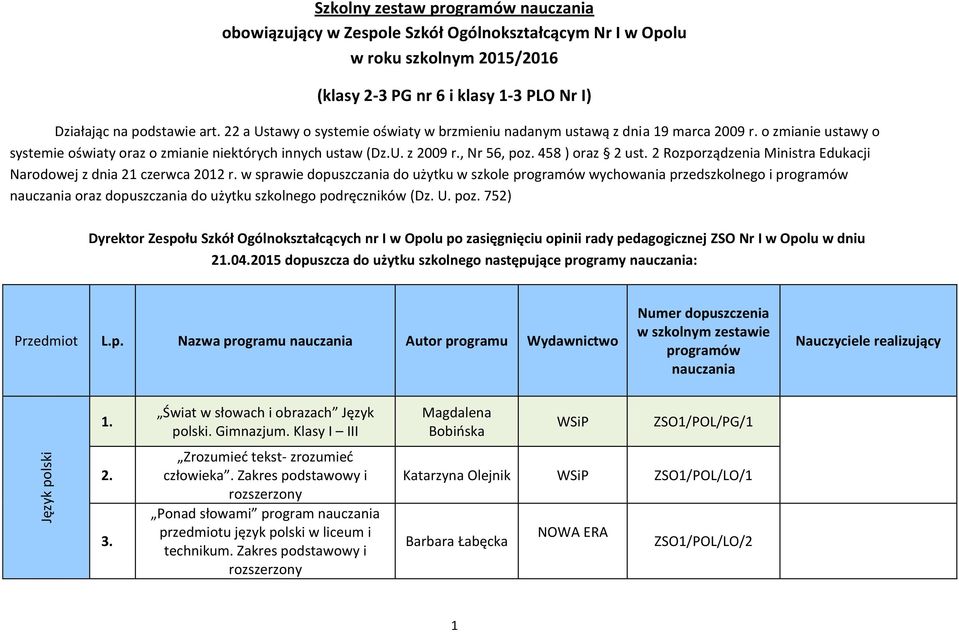 458 ) oraz 2 ust. 2 Rozporządzenia Ministra Edukacji Narodowej z dnia 21 czerwca 2012 r.