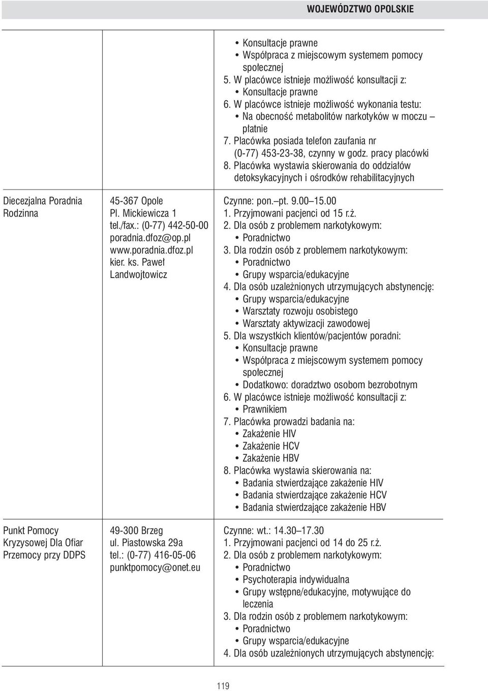 Placówka wystawia skierowania do oddzia ów detoksykacyjnych i oêrodków rehabilitacyjnych Diecezjalna Poradnia 45-367 Opole Czynne: pon. pt. 9.00 15.00 Rodzinna Pl. Mickiewicza 1 1.