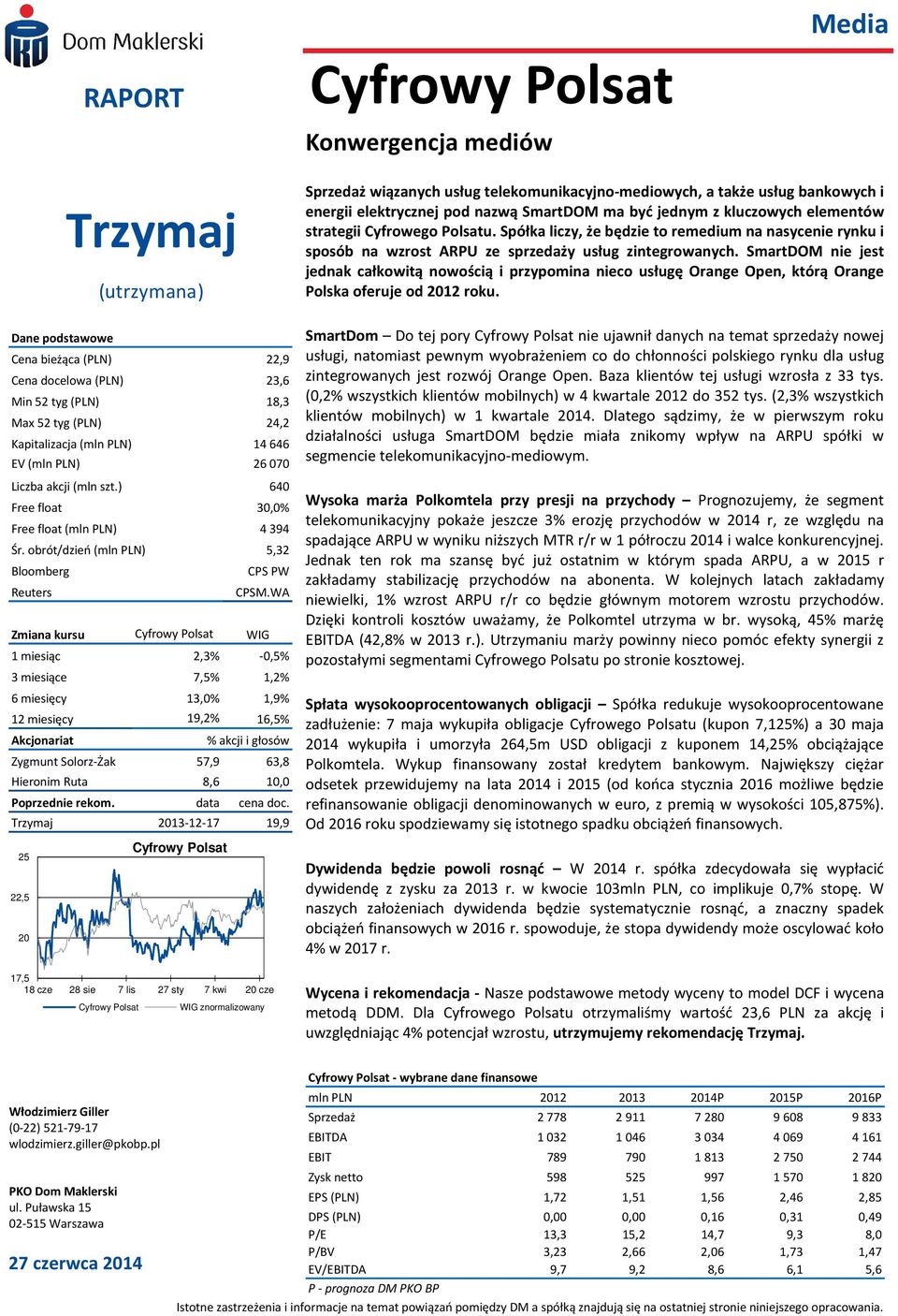 WA Zmiana kursu Cyfrowy Polsat WIG 1 miesiąc 2,3% -,5% 3 miesiące 7,5% 1,2% 6 miesięcy 13,% 1,9% 12 miesięcy 19,2% 16,5% Akcjonariat % akcji i głosów Zygmunt Solorz-Żak 57,9 63,8 Hieronim Ruta 8,6 1,