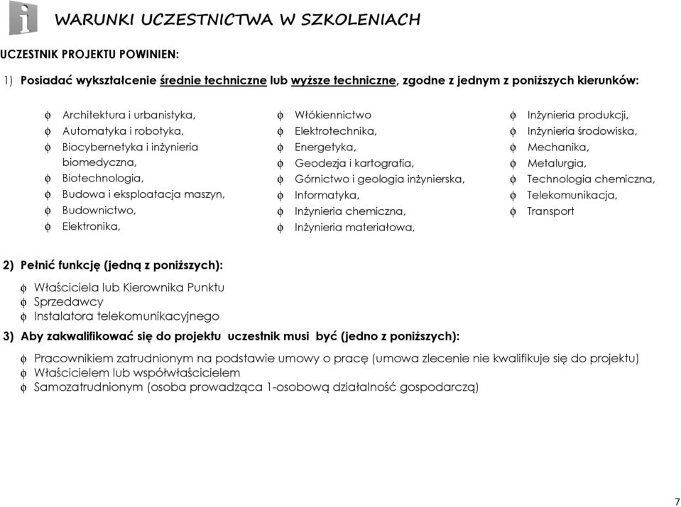 Elektronika, φ Włókiennictwo φ Elektrotechnika, φ Energetyka, φ Geodezja i kartografia, φ Górnictwo i geologia inżynierska, φ Informatyka, φ Inżynieria chemiczna, φ Inżynieria materiałowa, φ