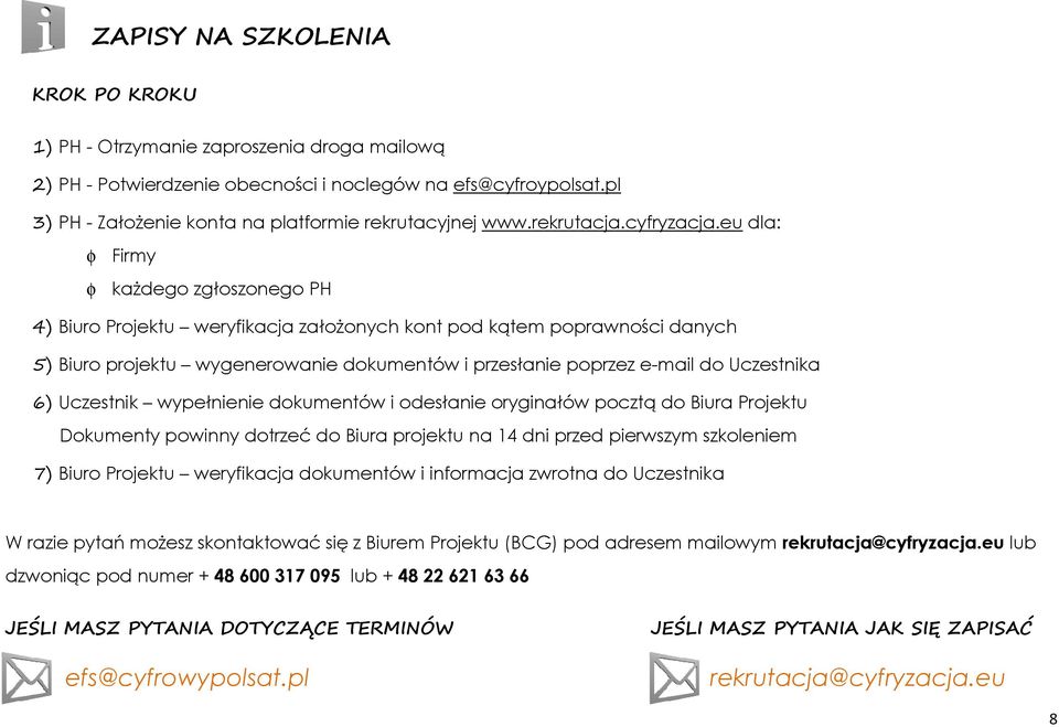 eu dla: φ Firmy φ każdego zgłoszonego PH 4) Biuro Projektu weryfikacja założonych kont pod kątem poprawności danych 5) Biuro projektu wygenerowanie dokumentów i przesłanie poprzez e-mail do