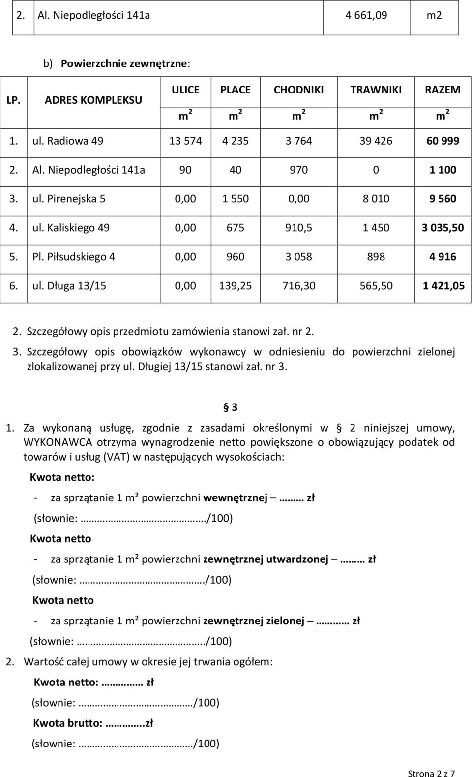 Szczegółowy opis przedmiotu zamówienia stanowi zał. nr 2. 3. Szczegółowy opis obowiązków wykonawcy w odniesieniu do powierzchni zielonej zlokalizowanej przy ul. Długiej 13/15 stanowi zał. nr 3. 3 1.