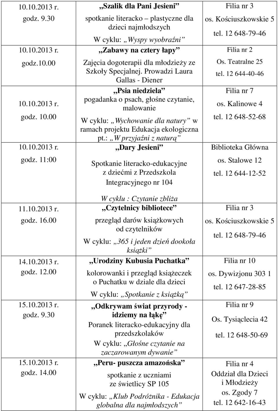 : W przyjaźni z naturą Dary Jesieni Spotkanie literacko-edukacyjne z dziećmi z Przedszkola Integracyjnego nr 104 W cyklu : Czytanie zbliża Czytelnicy bibliotece przegląd darów książkowych od