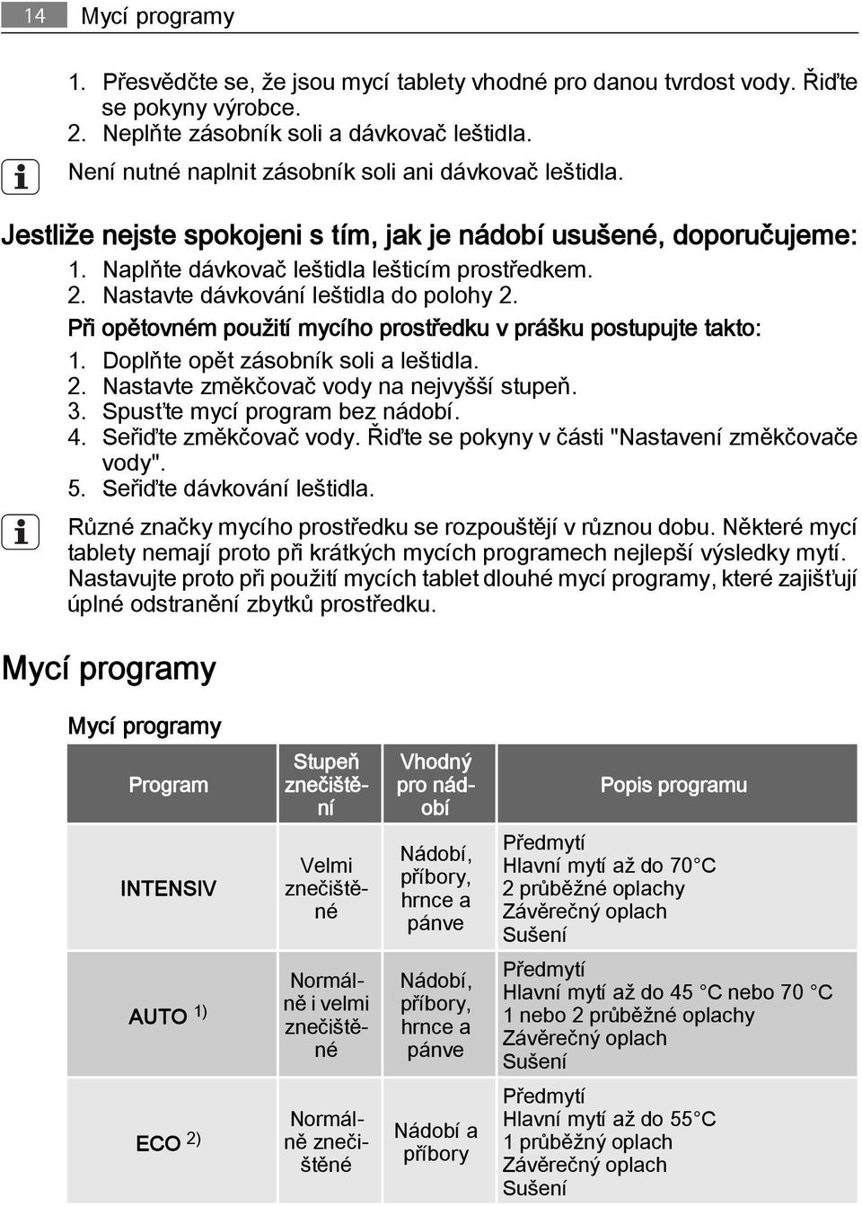 Nastavte dávkování leštidla do polohy 2. Při opětovném použití mycího prostředku v prášku postupujte takto: 1. Doplňte opět zásobník soli a leštidla. 2. Nastavte změkčovač vody na nejvyšší stupeň. 3.