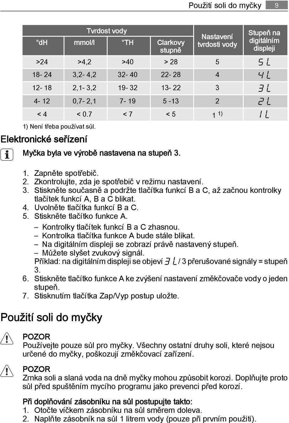 Zkontrolujte, zda je spotřebič v režimu nastavení. 3. Stiskněte současně a podržte tlačítka funkcí B a C, až začnou kontrolky tlačítek funkcí A, B a C blikat. 4. Uvolněte tlačítka funkcí B a C. 5.