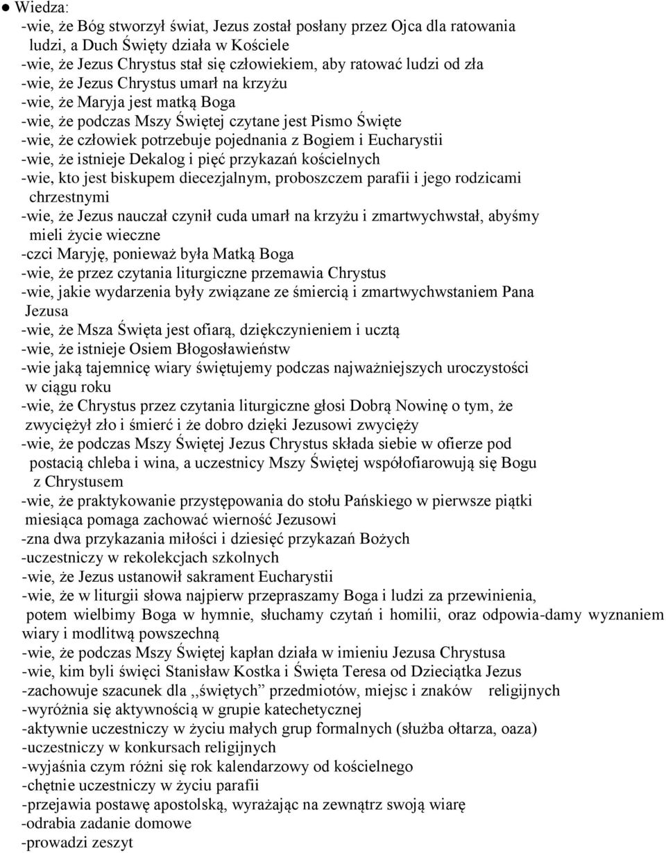 Dekalog i pięć przykazań kościelnych -wie, kto jest biskupem diecezjalnym, proboszczem parafii i jego rodzicami chrzestnymi -wie, że Jezus nauczał czynił cuda umarł na krzyżu i zmartwychwstał, abyśmy