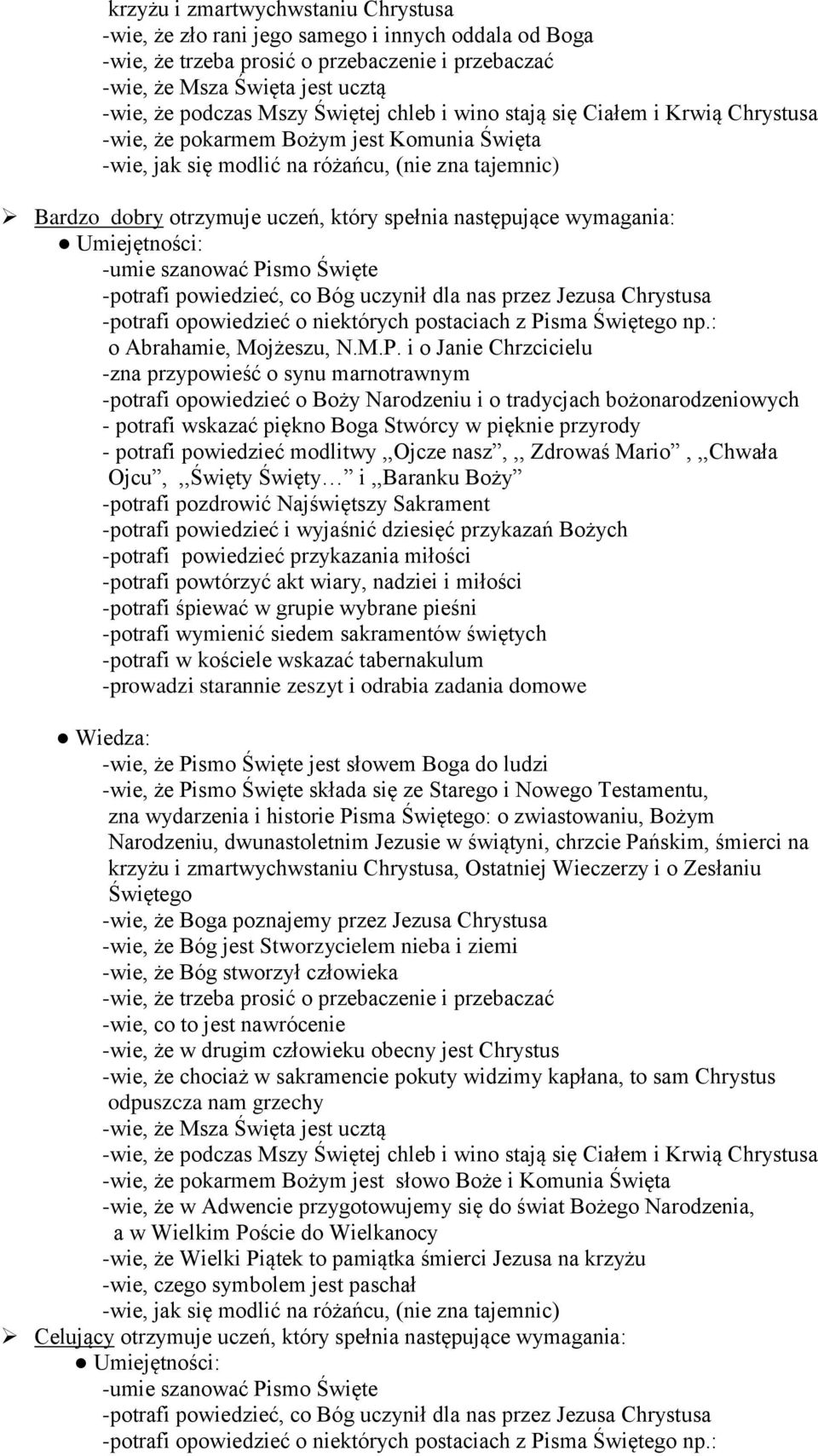 następujące wymagania: -umie szanować Pismo Święte -potrafi powiedzieć, co Bóg uczynił dla nas przez Jezusa Chrystusa -potrafi opowiedzieć o niektórych postaciach z Pisma Świętego np.