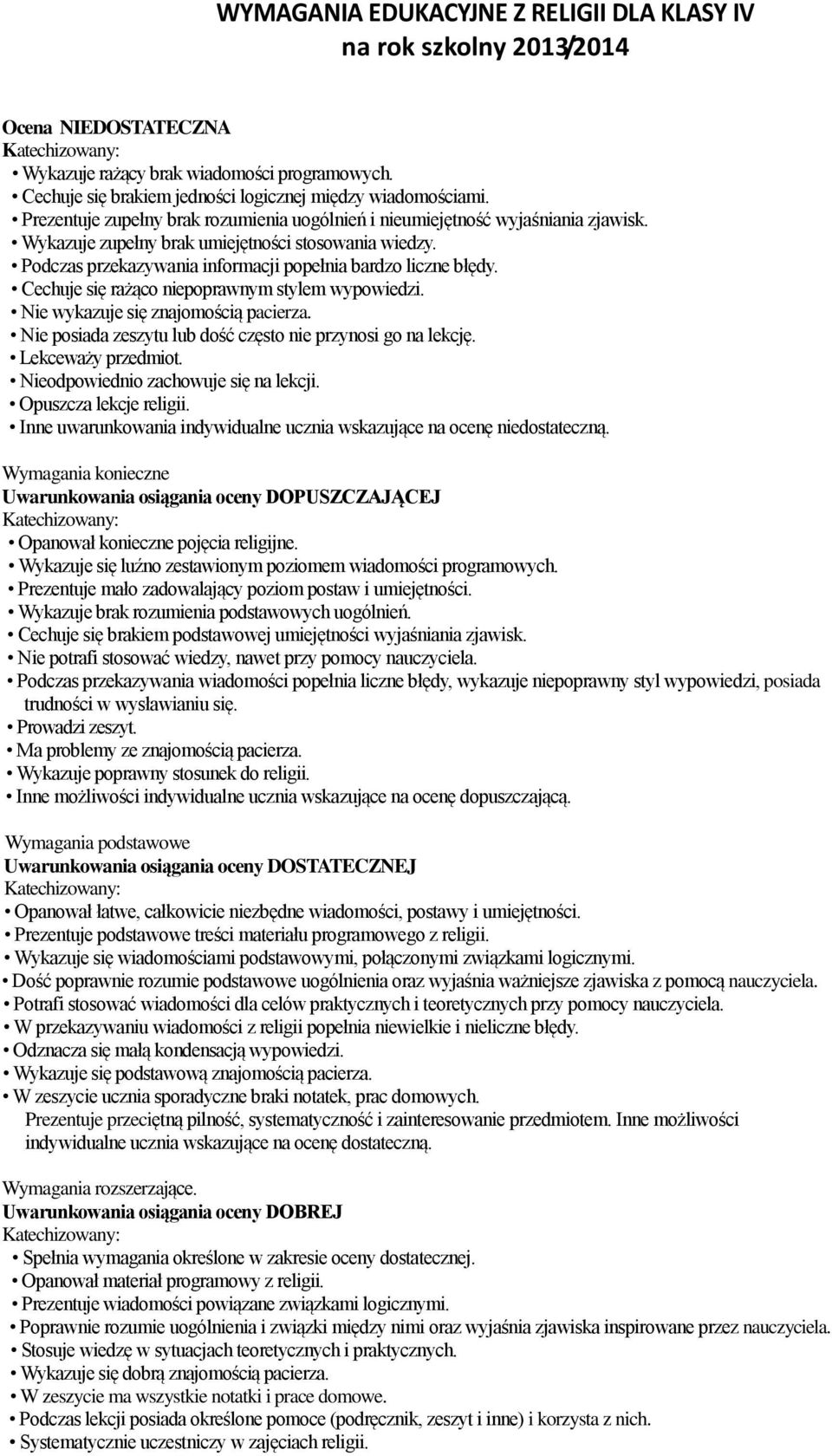 Cechuje się rażąco niepoprawnym stylem wypowiedzi. Nie wykazuje się znajomością pacierza. Nie posiada zeszytu lub dość często nie przynosi go na lekcję. Lekceważy przedmiot.