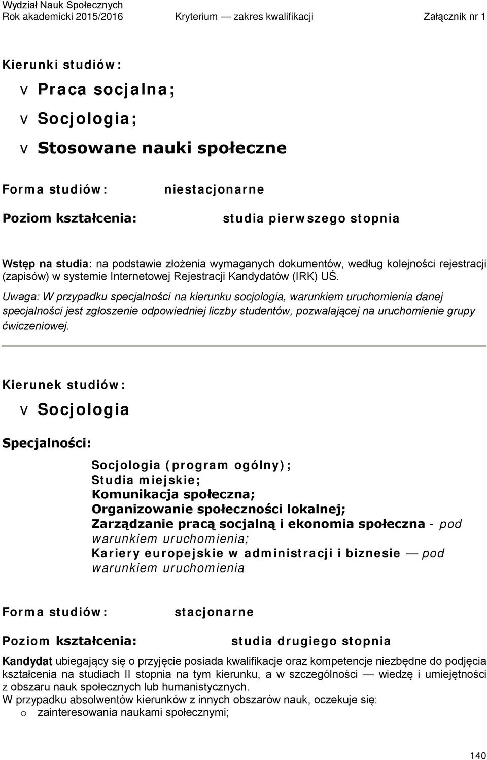 v Socjologia Specjalności: Socjologia (program ogólny); Studia miejskie; Komunikacja społeczna; Organizowanie społeczności lokalnej; Zarządzanie pracą socjalną i ekonomia społeczna - pod warunkiem